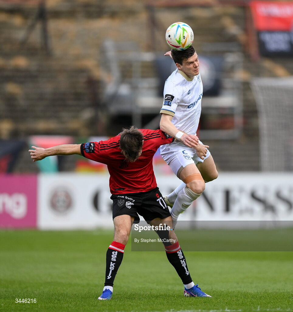 4 May 2026; Sean Gannon of Shelbourne in action against Dayle Rooney of Bohemians during the SSE Airtricity Men's Premier Division match between Bohemians and Shelbourne at Dalymount Park in Dublin. Photo by Stephen McCarthy/Sportsfile