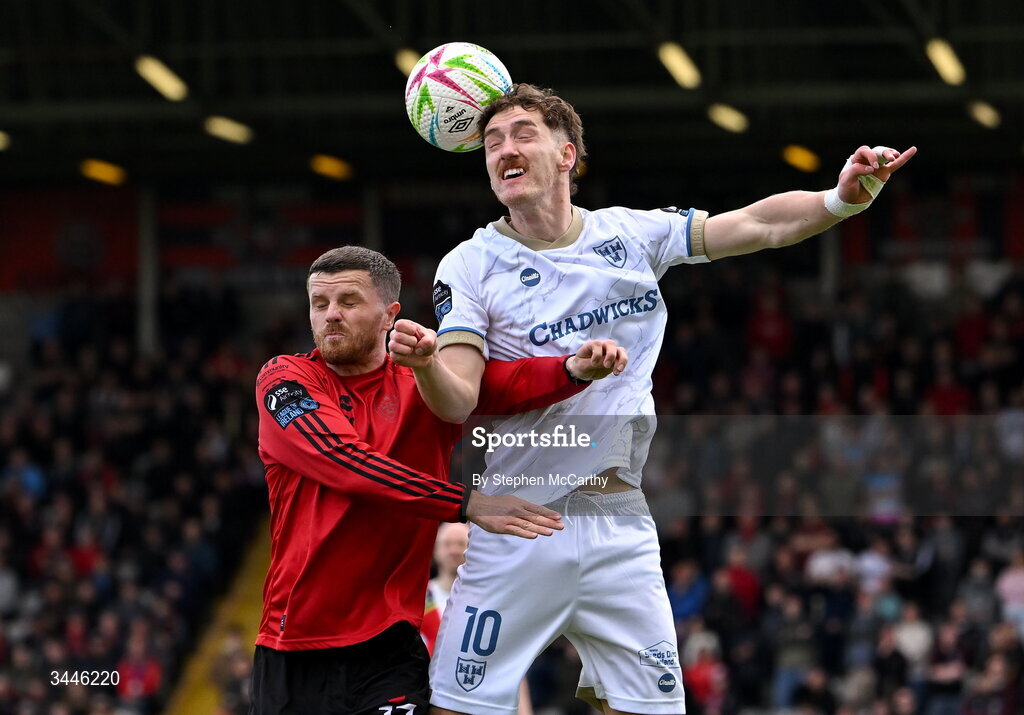 4 May 2026; John Martin of Shelbourne in action against Adam McDonnell of Bohemians during the SSE Airtricity Men's Premier Division match between Bohemians and Shelbourne at Dalymount Park in Dublin. Photo by Stephen McCarthy/Sportsfile