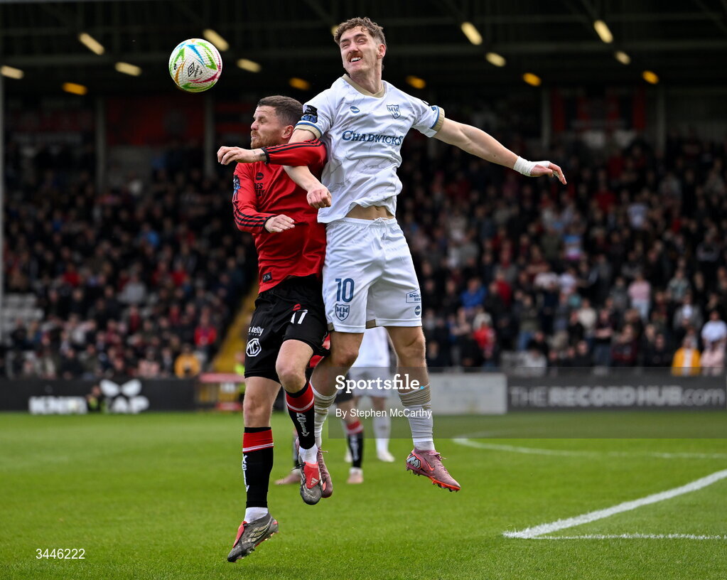4 May 2026; John Martin of Shelbourne in action against Adam McDonnell of Bohemians during the SSE Airtricity Men's Premier Division match between Bohemians and Shelbourne at Dalymount Park in Dublin. Photo by Stephen McCarthy/Sportsfile