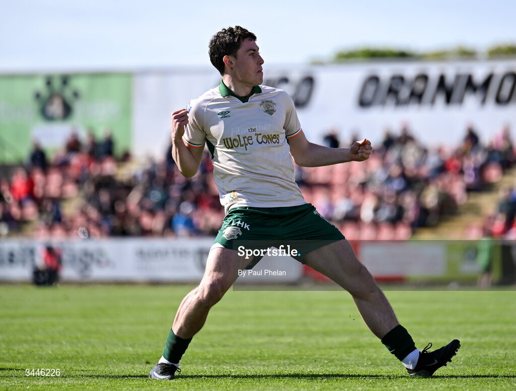 4 May 2026; Kian Leavy of St Patrick's Athletic celebrates after scoring his side's first goal during the SSE Airtricity Men's Premier Division match between Sligo Rovers and St Patrick's Athletic at The Showgrounds in Sligo. Photo by Paul Phelan/Sportsfile