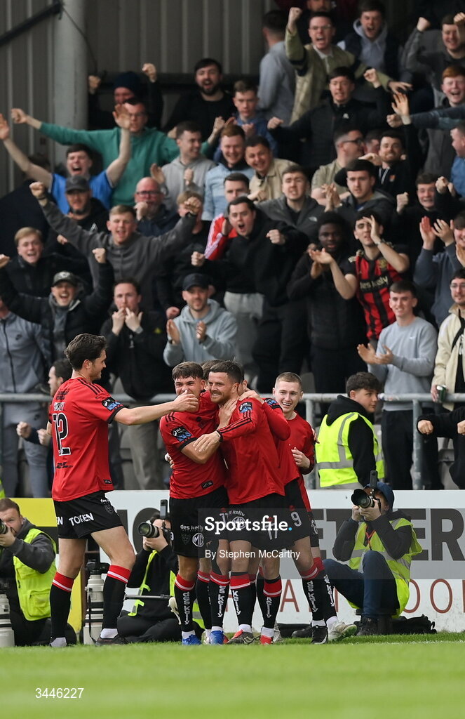 4 May 2026; Adam McDonnell and Bohemians team-mates celebrate their first goal during the SSE Airtricity Men's Premier Division match between Bohemians and Shelbourne at Dalymount Park in Dublin. Photo by Stephen McCarthy/Sportsfile