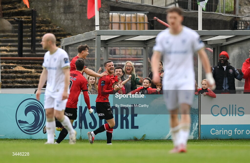4 May 2026; Adam McDonnell and Bohemians team-mates celebrate their first goal during the SSE Airtricity Men's Premier Division match between Bohemians and Shelbourne at Dalymount Park in Dublin. Photo by Stephen McCarthy/Sportsfile