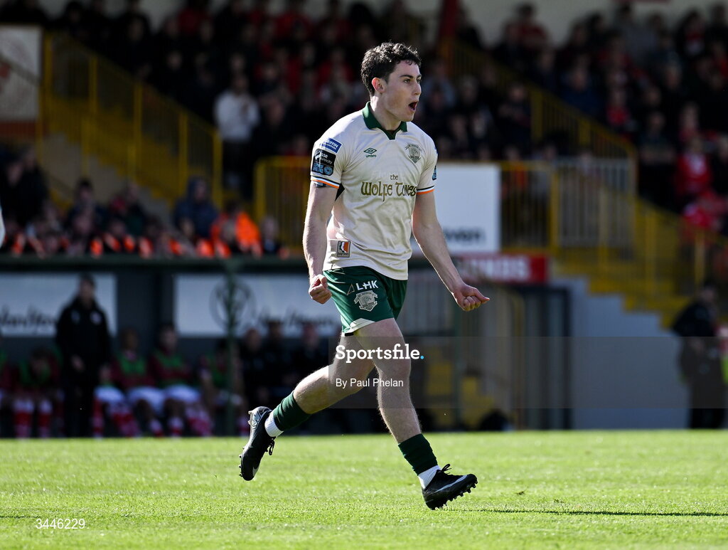 4 May 2026; Kian Leavy of St Patrick's Athletic celebrates after scoring his side's first goal during the SSE Airtricity Men's Premier Division match between Sligo Rovers and St Patrick's Athletic at The Showgrounds in Sligo. Photo by Paul Phelan/Sportsfile