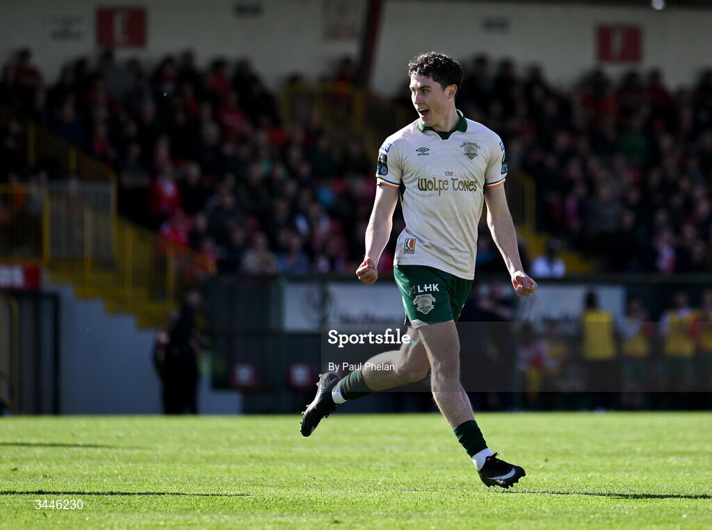4 May 2026; Kian Leavy of St Patrick's Athletic celebrates after scoring his side's first goal during the SSE Airtricity Men's Premier Division match between Sligo Rovers and St Patrick's Athletic at The Showgrounds in Sligo. Photo by Paul Phelan/Sportsfile