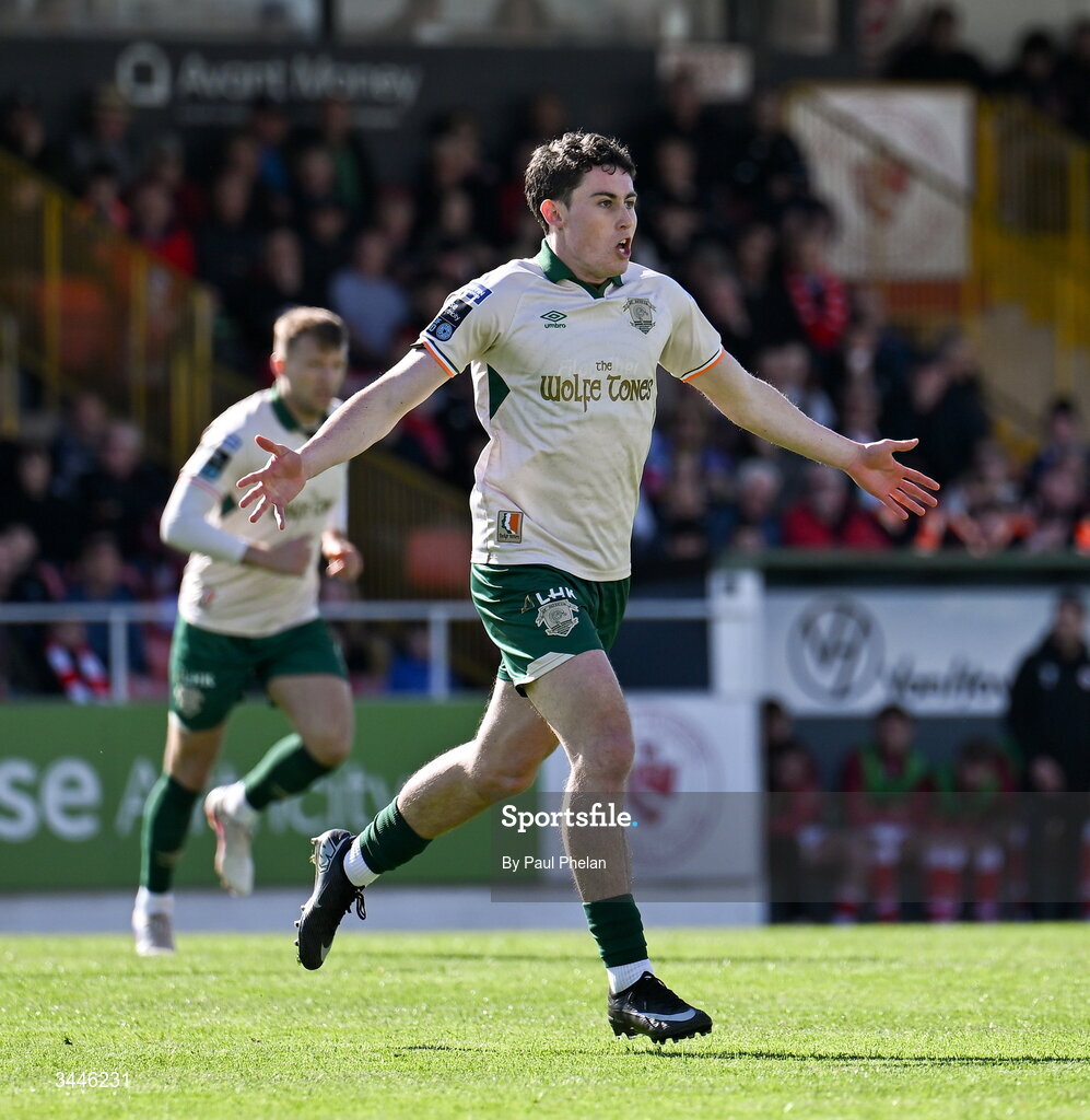 4 May 2026; Kian Leavy of St Patrick's Athletic celebrates after scoring his side's first goal during the SSE Airtricity Men's Premier Division match between Sligo Rovers and St Patrick's Athletic at The Showgrounds in Sligo. Photo by Paul Phelan/Sportsfile