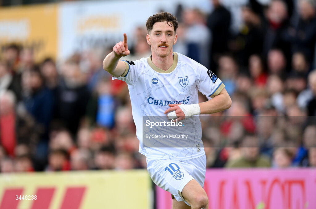 4 May 2026; John Martin of Shelbourne celebrates after scoring his side's first goal during the SSE Airtricity Men's Premier Division match between Bohemians and Shelbourne at Dalymount Park in Dublin. Photo by Stephen McCarthy/Sportsfile