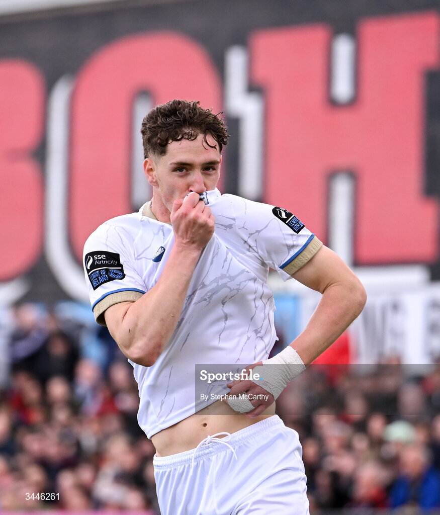 4 May 2026; John Martin of Shelbourne celebrates after scoring his side's first goal during the SSE Airtricity Men's Premier Division match between Bohemians and Shelbourne at Dalymount Park in Dublin. Photo by Stephen McCarthy/Sportsfile