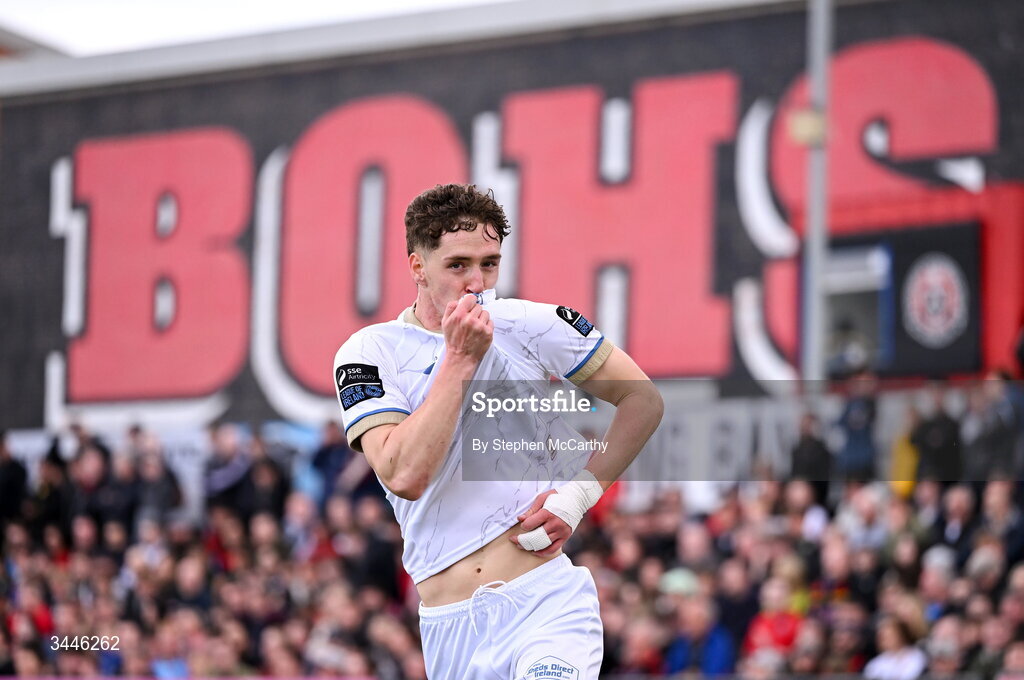 4 May 2026; John Martin of Shelbourne celebrates after scoring his side's first goal during the SSE Airtricity Men's Premier Division match between Bohemians and Shelbourne at Dalymount Park in Dublin. Photo by Stephen McCarthy/Sportsfile