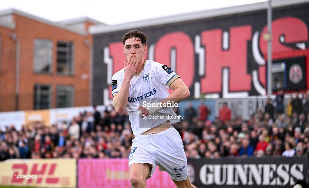 4 May 2026; John Martin of Shelbourne celebrates after scoring his side's first goal during the SSE Airtricity Men's Premier Division match between Bohemians and Shelbourne at Dalymount Park in Dublin. Photo by Stephen McCarthy/Sportsfile