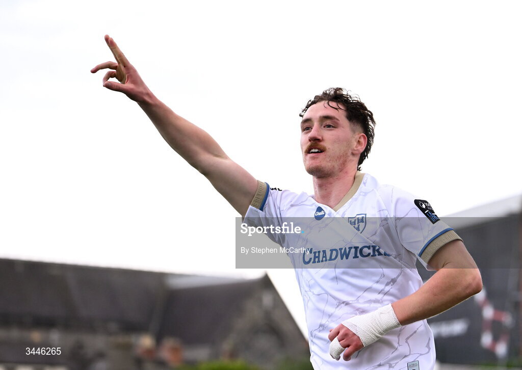 4 May 2026; John Martin of Shelbourne celebrates after scoring his side's first goal during the SSE Airtricity Men's Premier Division match between Bohemians and Shelbourne at Dalymount Park in Dublin. Photo by Stephen McCarthy/Sportsfile