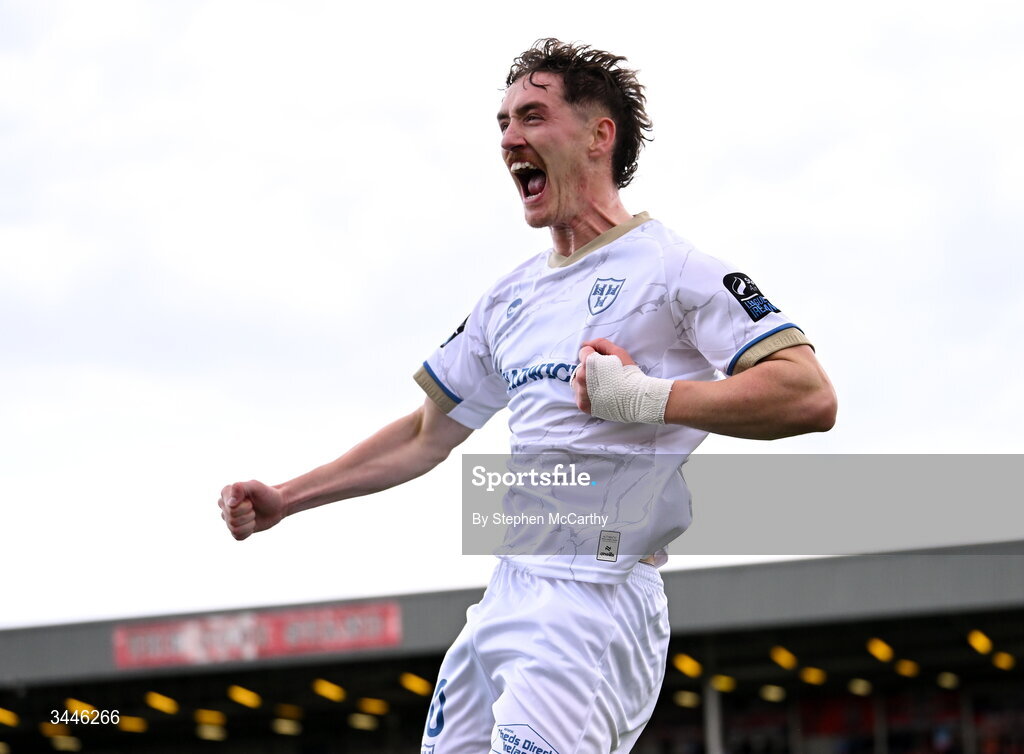 4 May 2026; John Martin of Shelbourne celebrates after scoring his side's first goal during the SSE Airtricity Men's Premier Division match between Bohemians and Shelbourne at Dalymount Park in Dublin. Photo by Stephen McCarthy/Sportsfile