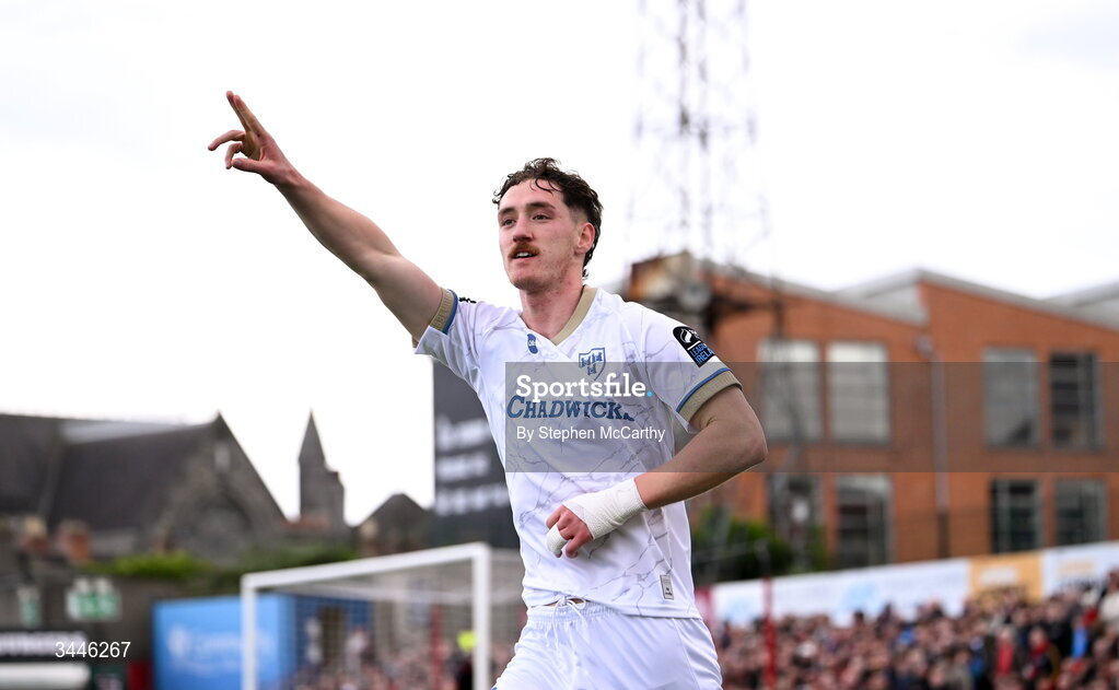 4 May 2026; John Martin of Shelbourne celebrates after scoring his side's first goal during the SSE Airtricity Men's Premier Division match between Bohemians and Shelbourne at Dalymount Park in Dublin. Photo by Stephen McCarthy/Sportsfile