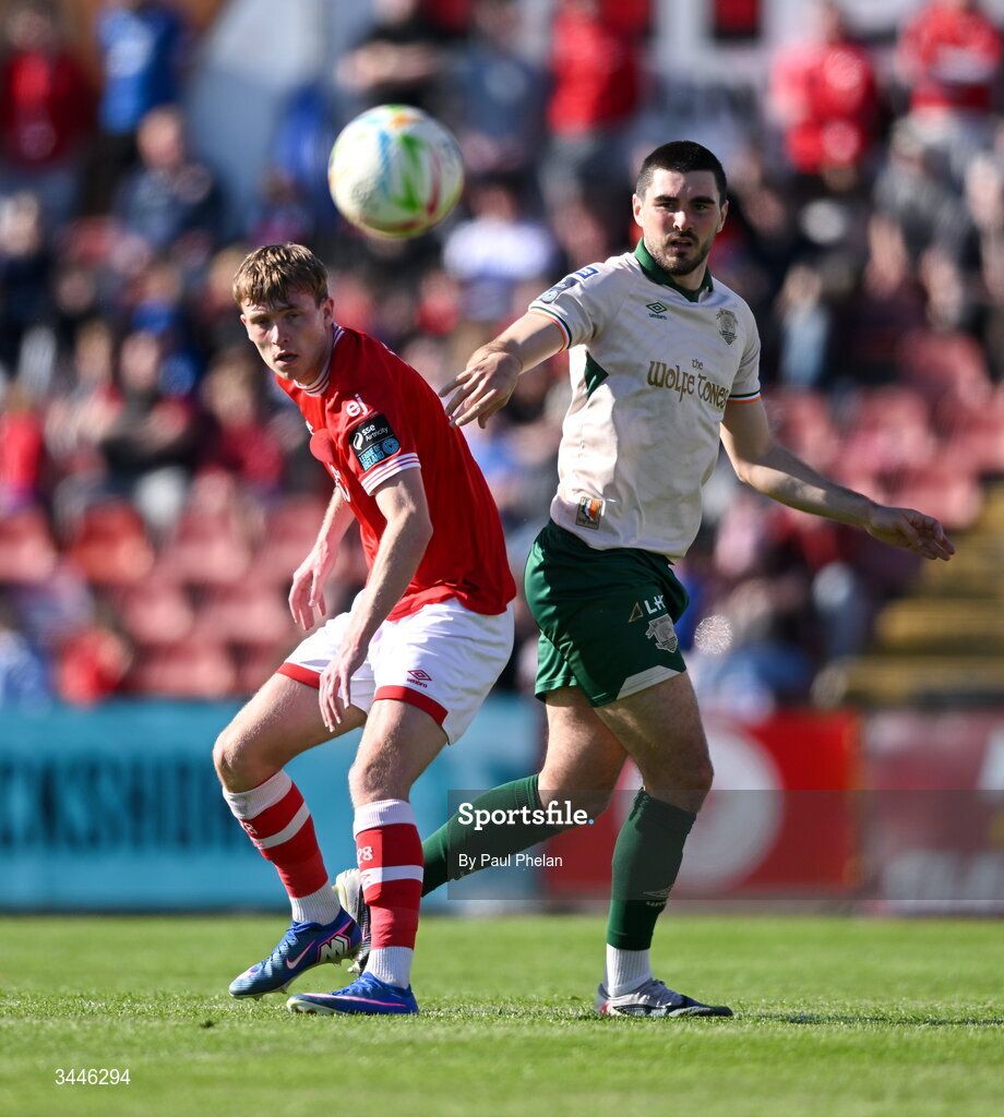 4 May 2026; Alex Nolan of Sligo Rovers in action against Luke Turner of St Patrick's Athletic during the SSE Airtricity Men's Premier Division match between Sligo Rovers and St Patrick's Athletic at The Showgrounds in Sligo. Photo by Paul Phelan/Sportsfile