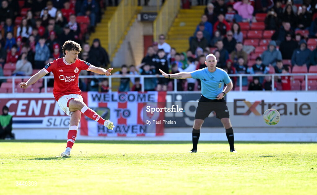 4 May 2026; Archie Meekison of Sligo Rovers scores a penalty during the SSE Airtricity Men's Premier Division match between Sligo Rovers and St Patrick's Athletic at The Showgrounds in Sligo. Photo by Paul Phelan/Sportsfile