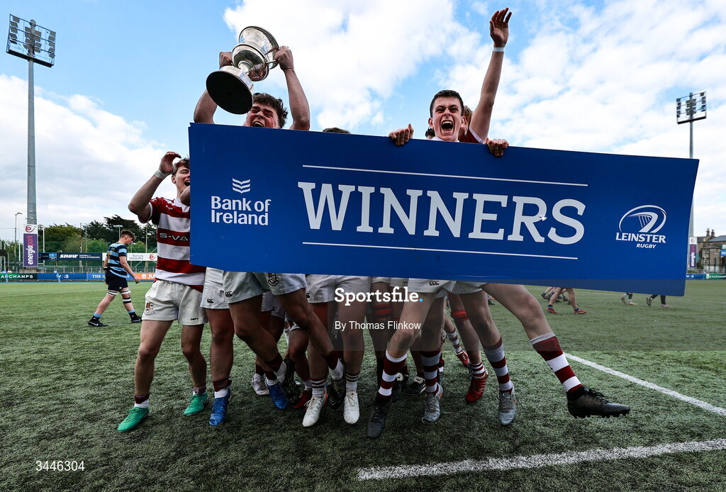 4 May 2026; Tullow RFC players celebrate after the U17 Culliton Cup match between Navan RFC and Tullow RFC during the Leinster Rugby Youth Boys Cup Finals at Energia Park in Dublin. Photo by Thomas Flinkow/Sportsfile