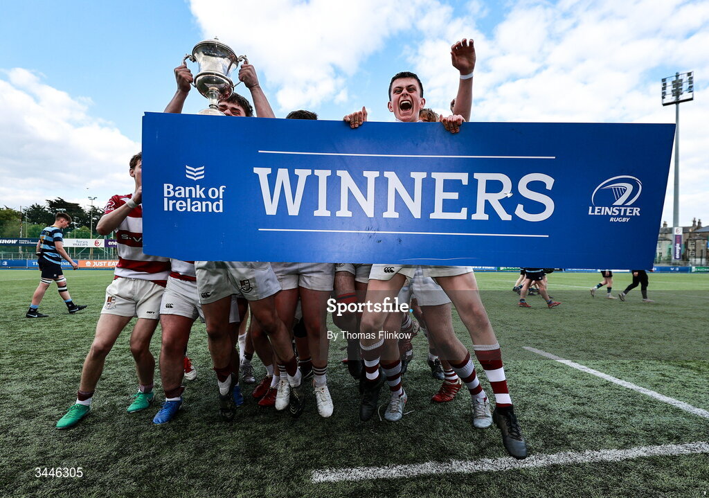 4 May 2026; Tullow RFC players celebrate after the U17 Culliton Cup match between Navan RFC and Tullow RFC during the Leinster Rugby Youth Boys Cup Finals at Energia Park in Dublin. Photo by Thomas Flinkow/Sportsfile