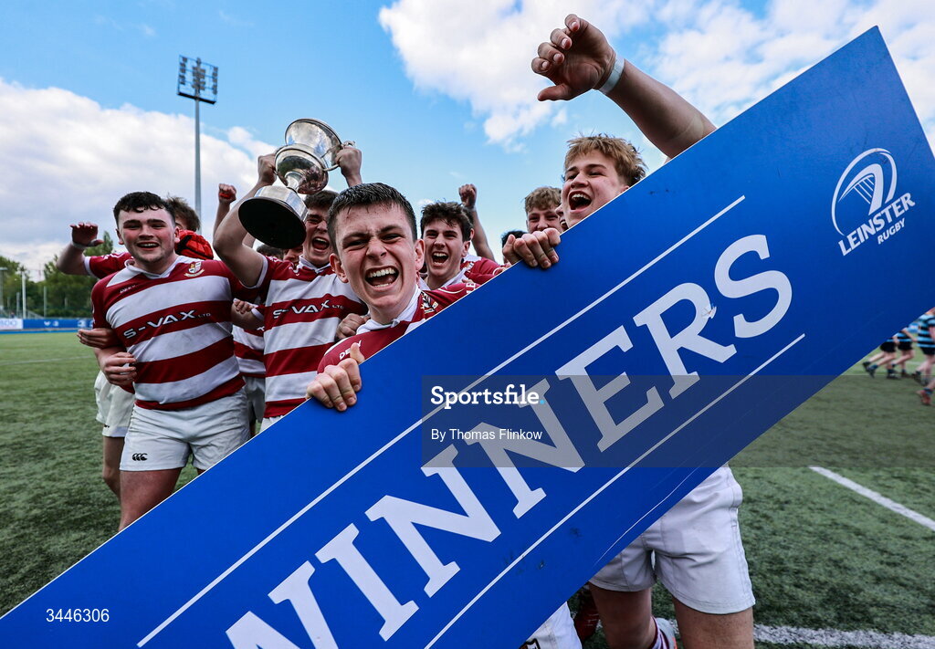 4 May 2026; Tullow RFC players celebrate after the U17 Culliton Cup match between Navan RFC and Tullow RFC during the Leinster Rugby Youth Boys Cup Finals at Energia Park in Dublin. Photo by Thomas Flinkow/Sportsfile