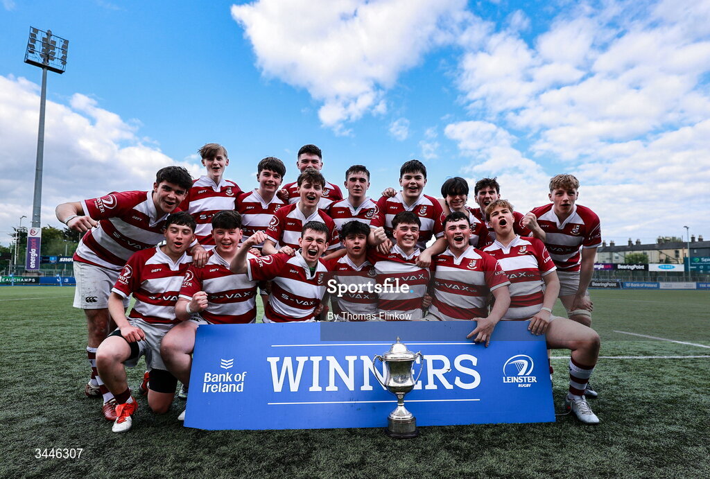 4 May 2026; Tullow RFC players celebrate after the U17 Culliton Cup match between Navan RFC and Tullow RFC during the Leinster Rugby Youth Boys Cup Finals at Energia Park in Dublin. Photo by Thomas Flinkow/Sportsfile