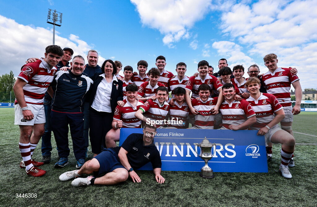 4 May 2026; Tullow RFC players and coaches celebrate after the U17 Culliton Cup match between Navan RFC and Tullow RFC during the Leinster Rugby Youth Boys Cup Finals at Energia Park in Dublin. Photo by Thomas Flinkow/Sportsfile