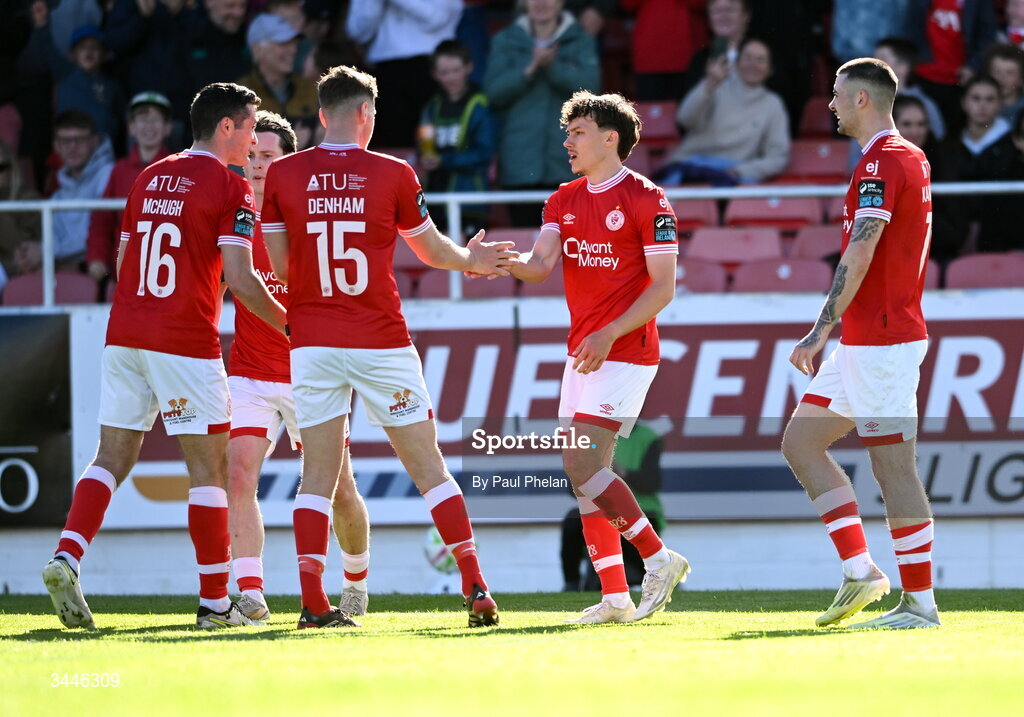 4 May 2026; Archie Meekison of Sligo Rovers celebrates with teammates after scoring his side's first goal  during the SSE Airtricity Men's Premier Division match between Sligo Rovers and St Patrick's Athletic at The Showgrounds in Sligo. Photo by Paul Phelan/Sportsfile