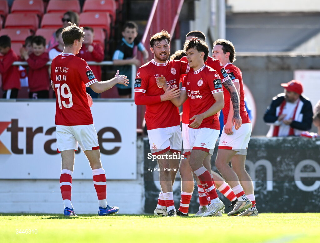 4 May 2026; Archie Meekison of Sligo Rovers celebrates with teammates after scoring his side's first goal  during the SSE Airtricity Men's Premier Division match between Sligo Rovers and St Patrick's Athletic at The Showgrounds in Sligo. Photo by Paul Phelan/Sportsfile