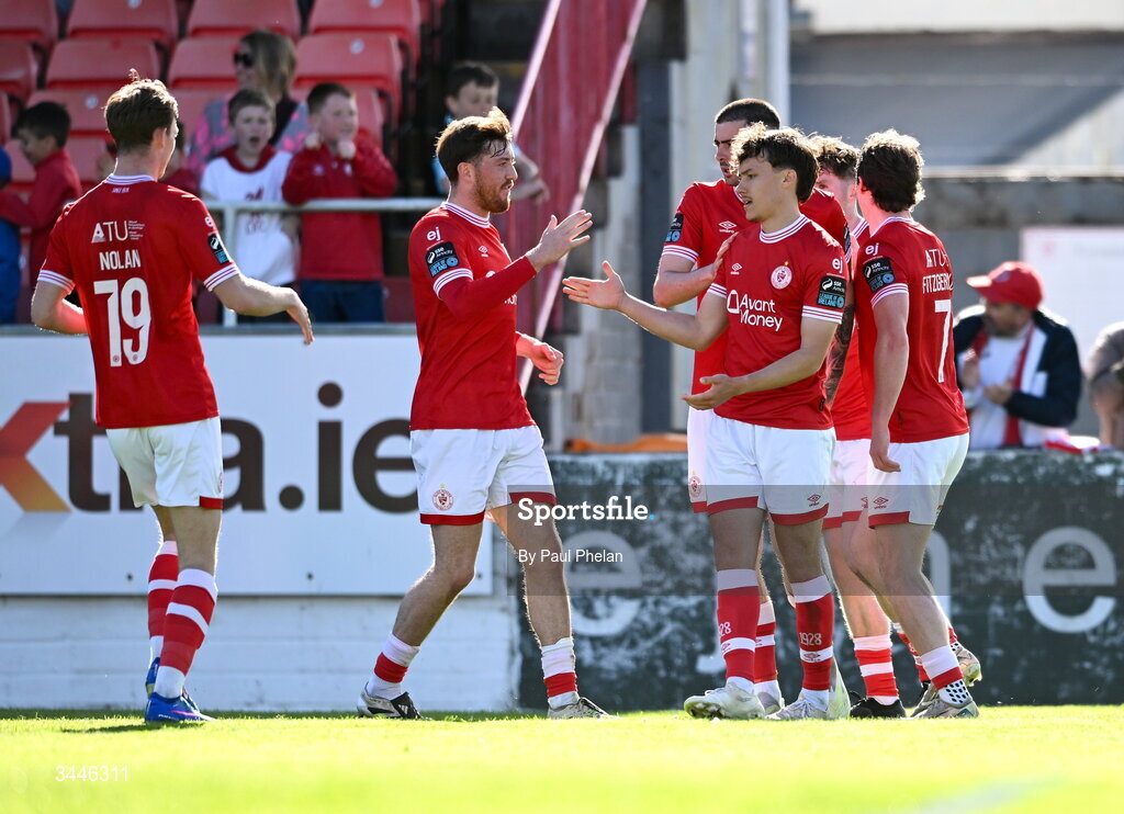 4 May 2026; Archie Meekison of Sligo Rovers celebrates with teammates after scoring his side's first goal  during the SSE Airtricity Men's Premier Division match between Sligo Rovers and St Patrick's Athletic at The Showgrounds in Sligo. Photo by Paul Phelan/Sportsfile