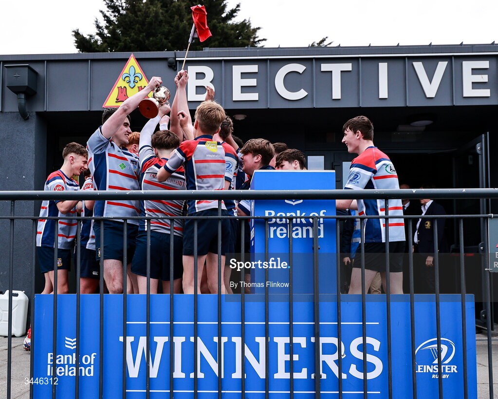 4 May 2026; Mullingar RFC players celebrate with the cup after the U16 Cup match between Mullingar RFC and Boyne RFC during the Leinster Rugby Youth Boys Cup Finals at Energia Park in Dublin. Photo by Thomas Flinkow/Sportsfile