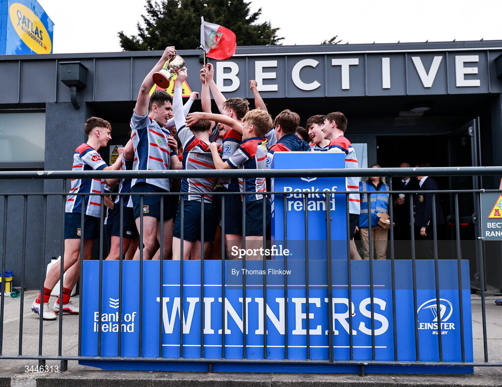 4 May 2026; Mullingar RFC players celebrate with the cup after the U16 Cup match between Mullingar RFC and Boyne RFC during the Leinster Rugby Youth Boys Cup Finals at Energia Park in Dublin. Photo by Thomas Flinkow/Sportsfile
