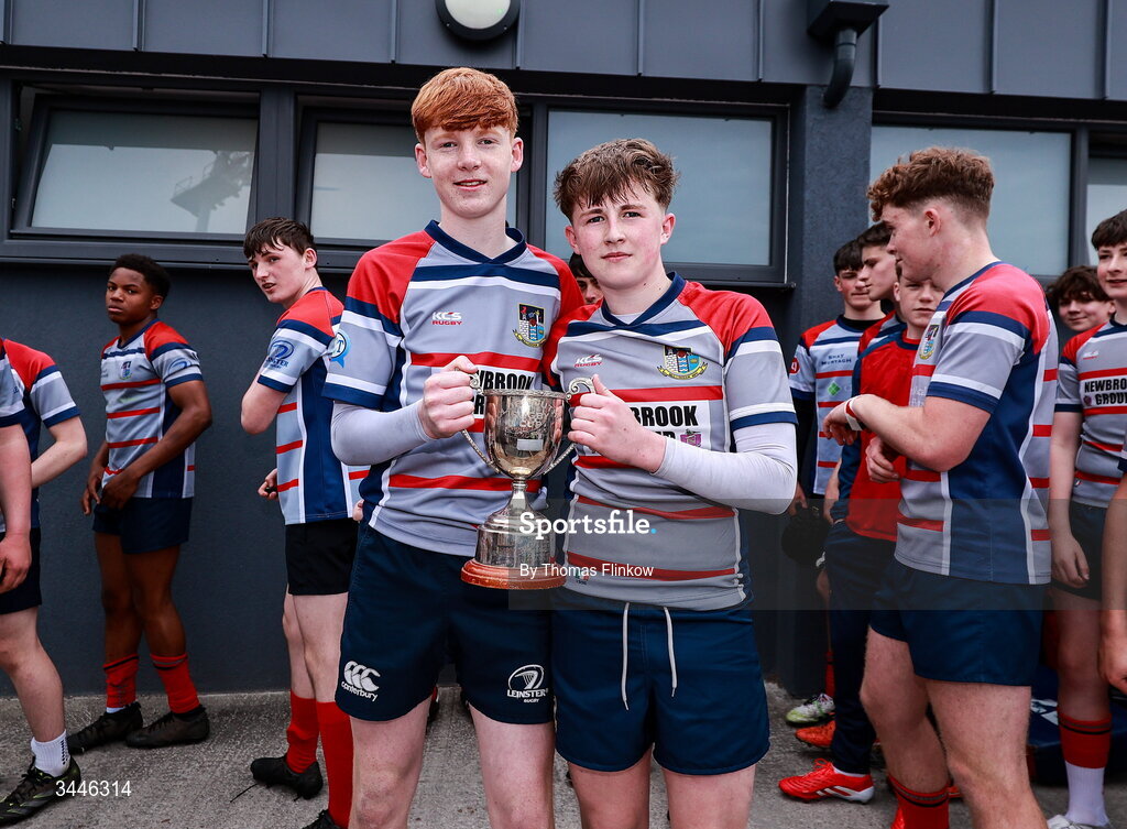 4 May 2026; Mullingar RFC players celebrate with the cup after the U16 Cup match between Mullingar RFC and Boyne RFC during the Leinster Rugby Youth Boys Cup Finals at Energia Park in Dublin. Photo by Thomas Flinkow/Sportsfile
