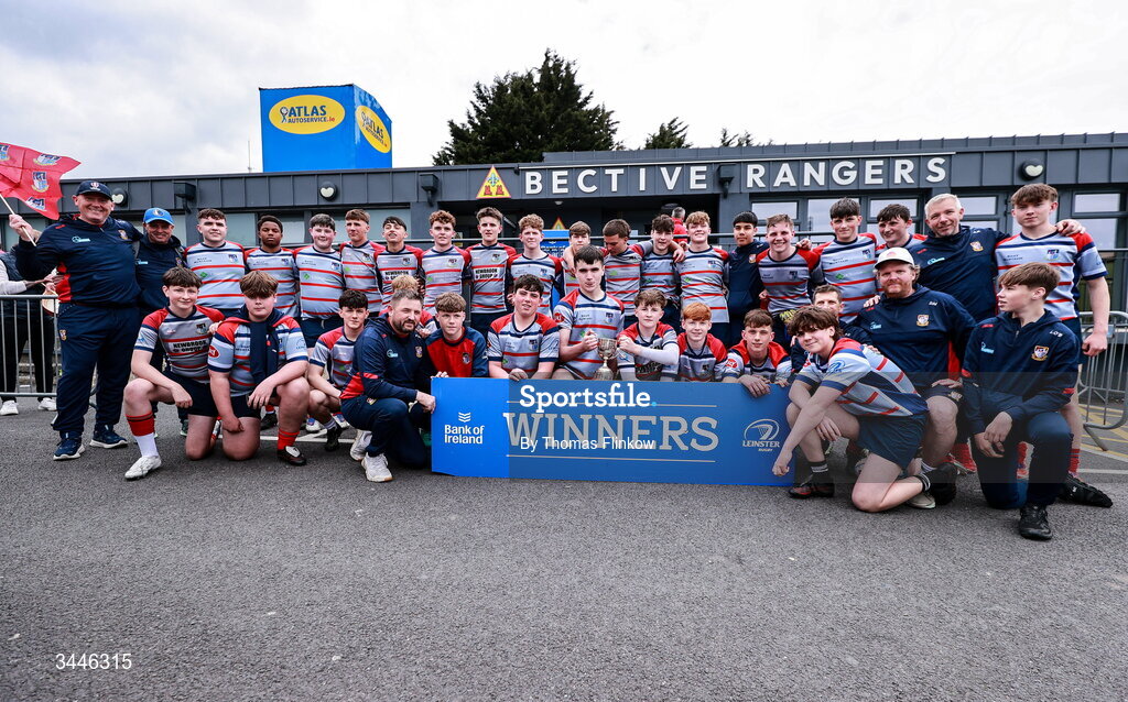4 May 2026; Mullingar RFC players celebrate with the cup after the U16 Cup match between Mullingar RFC and Boyne RFC during the Leinster Rugby Youth Boys Cup Finals at Energia Park in Dublin. Photo by Thomas Flinkow/Sportsfile