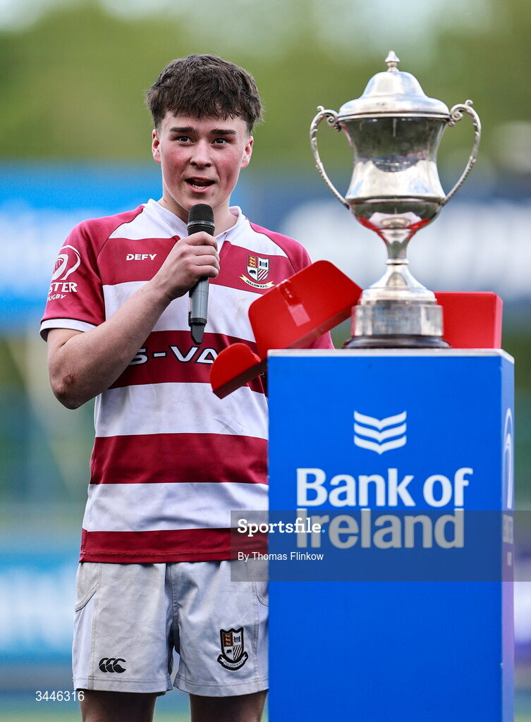 4 May 2026; Tullow RFC captain Cathal Mallin after the U17 Culliton Cup match between Navan RFC and Tullow RFC during the Leinster Rugby Youth Boys Cup Finals at Energia Park in Dublin. Photo by Thomas Flinkow/Sportsfile
