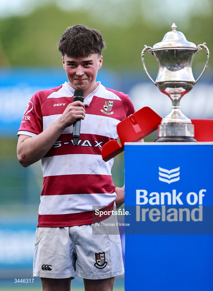 4 May 2026; Tullow RFC captain Cathal Mallin after the U17 Culliton Cup match between Navan RFC and Tullow RFC during the Leinster Rugby Youth Boys Cup Finals at Energia Park in Dublin. Photo by Thomas Flinkow/Sportsfile