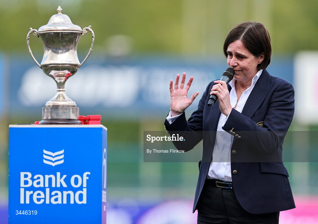 4 May 2026; President of Leinster Rugby Moira Flahive with the U17 Culliton Cup during the Leinster Rugby Youth Boys Cup Finals at Energia Park in Dublin. Photo by Thomas Flinkow/Sportsfile