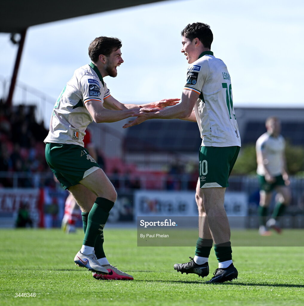4 May 2026; Kian Leavy of St Patrick's Athletic celebrates with Barry Baggley after scoring his side's first goal  during the SSE Airtricity Men's Premier Division match between Sligo Rovers and St Patrick's Athletic at The Showgrounds in Sligo. Photo by Paul Phelan/Sportsfile