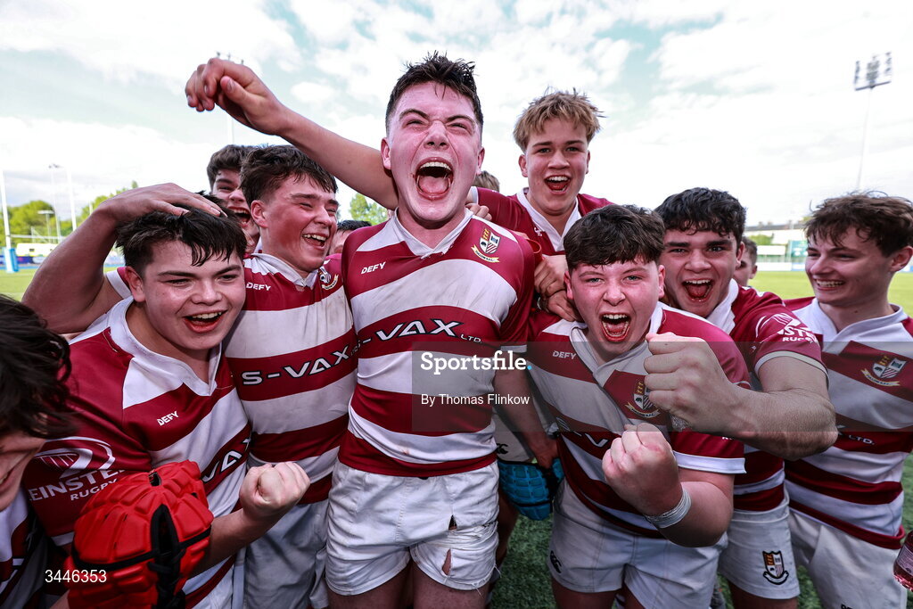 4 May 2026; Tullow RFC players celebrate after the U17 Culliton Cup match between Navan RFC and Tullow RFC during the Leinster Rugby Youth Boys Cup Finals at Energia Park in Dublin. Photo by Thomas Flinkow/Sportsfile