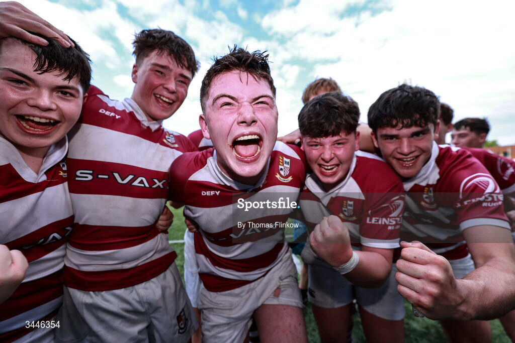 4 May 2026; Tullow RFC players celebrate after the U17 Culliton Cup match between Navan RFC and Tullow RFC during the Leinster Rugby Youth Boys Cup Finals at Energia Park in Dublin. Photo by Thomas Flinkow/Sportsfile