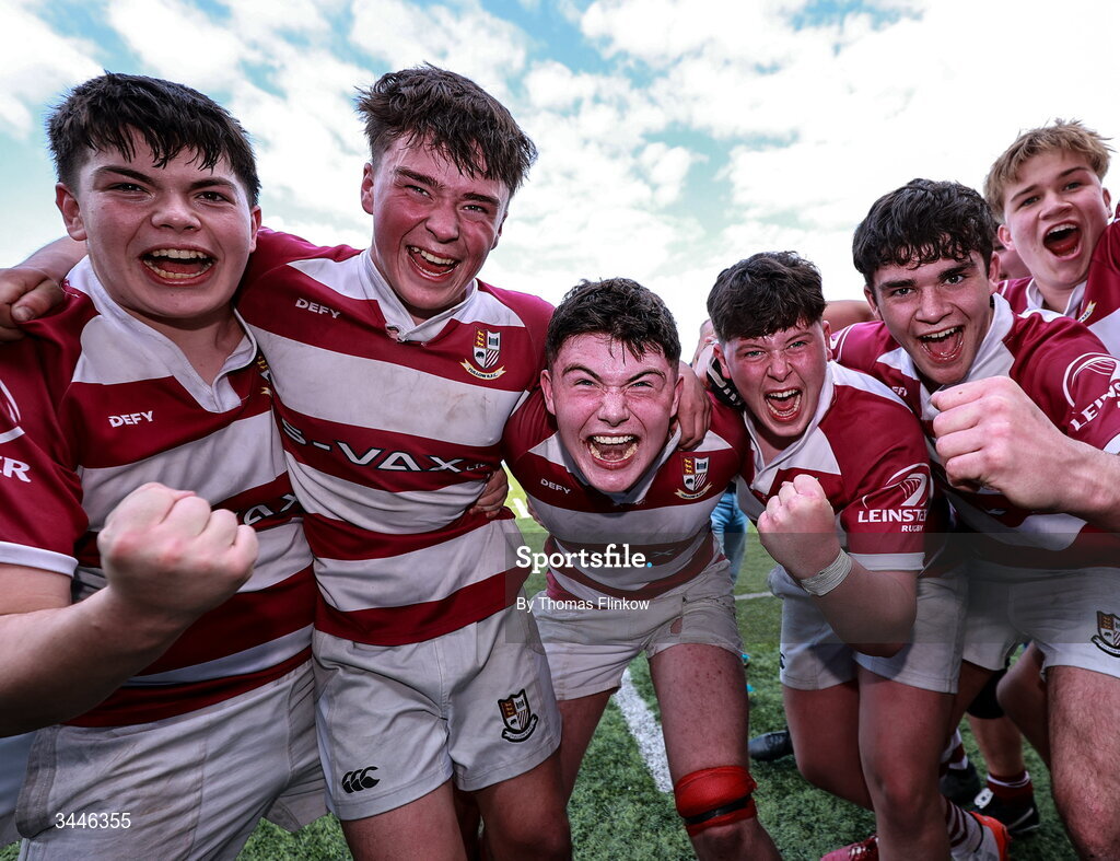 4 May 2026; Tullow RFC players celebrate after the U17 Culliton Cup match between Navan RFC and Tullow RFC during the Leinster Rugby Youth Boys Cup Finals at Energia Park in Dublin. Photo by Thomas Flinkow/Sportsfile