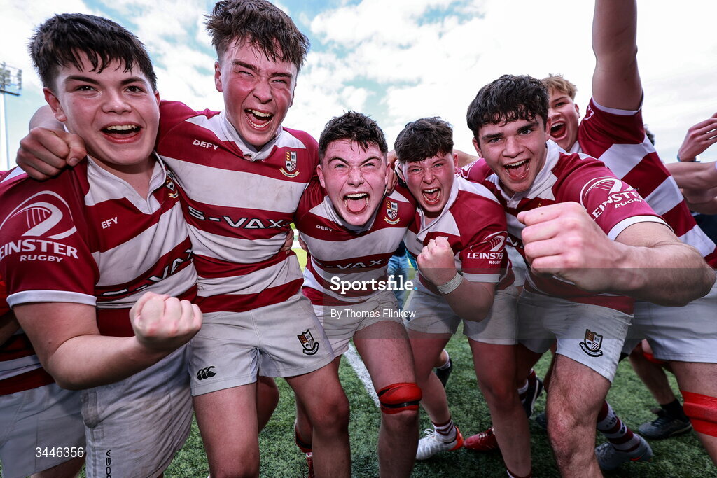 4 May 2026; Tullow RFC players celebrate after the U17 Culliton Cup match between Navan RFC and Tullow RFC during the Leinster Rugby Youth Boys Cup Finals at Energia Park in Dublin. Photo by Thomas Flinkow/Sportsfile