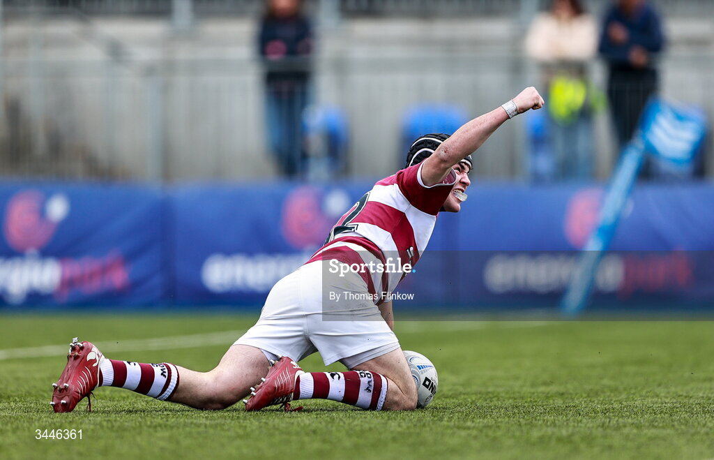 4 May 2026; Shaun Doyle of Tullow RFC celebrates after scoring a try during the U17 Culliton Cup match between Navan RFC and Tullow RFC during the Leinster Rugby Youth Boys Cup Finals at Energia Park in Dublin. Photo by Thomas Flinkow/Sportsfile