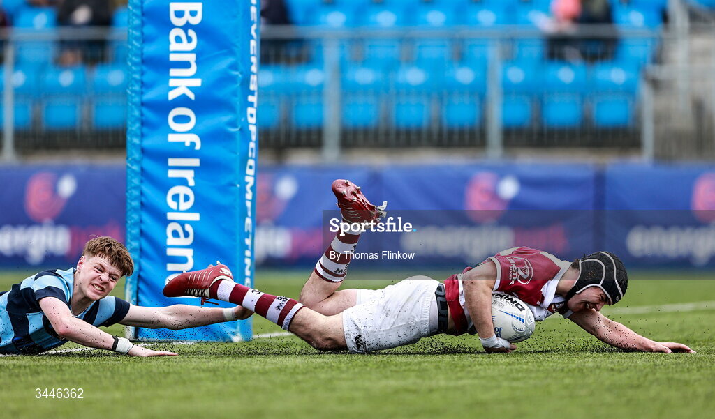 4 May 2026; Shaun Doyle of Tullow RFC scores a try during the U17 Culliton Cup match between Navan RFC and Tullow RFC during the Leinster Rugby Youth Boys Cup Finals at Energia Park in Dublin. Photo by Thomas Flinkow/Sportsfile