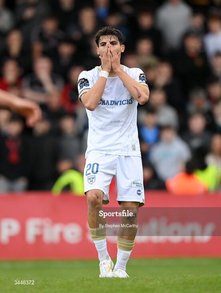 4 May 2026; Rodrigo Freitas of Shelbourne reacts to a missed opportunity on goal during the SSE Airtricity Men's Premier Division match between Bohemians and Shelbourne at Dalymount Park in Dublin. Photo by Stephen McCarthy/Sportsfile