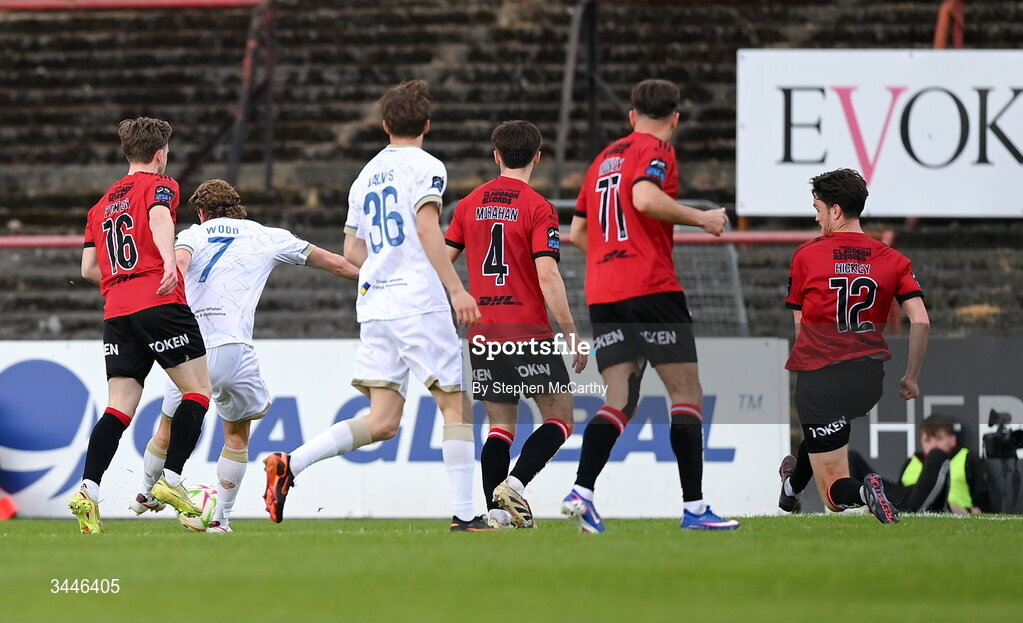 4 May 2026; Harry Wood of Shelbourne shoots to score his side's second goal during the SSE Airtricity Men's Premier Division match between Bohemians and Shelbourne at Dalymount Park in Dublin. Photo by Stephen McCarthy/Sportsfile