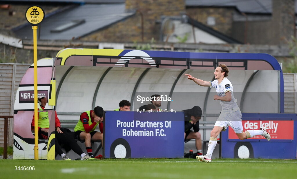 4 May 2026; Harry Wood of Shelbourne celebrates after scoring his side's second goal during the SSE Airtricity Men's Premier Division match between Bohemians and Shelbourne at Dalymount Park in Dublin. Photo by Stephen McCarthy/Sportsfile