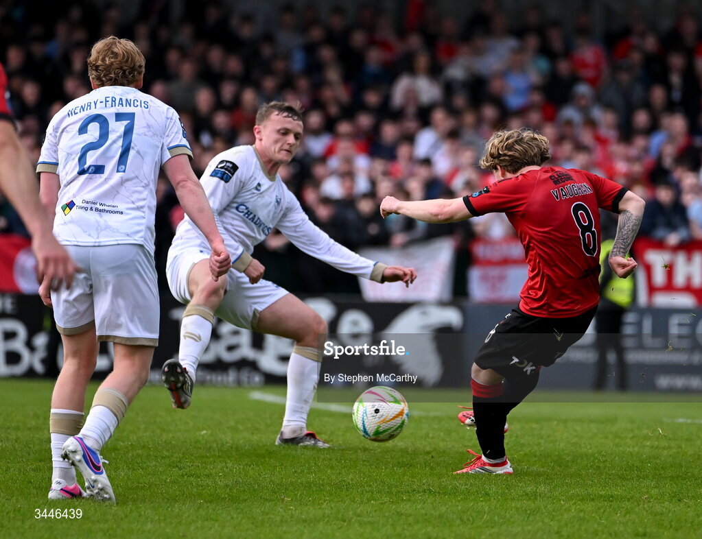 4 May 2026; Harry Vaughan of Bohemians shoots to score his side's second goal during the SSE Airtricity Men's Premier Division match between Bohemians and Shelbourne at Dalymount Park in Dublin. Photo by Stephen McCarthy/Sportsfile