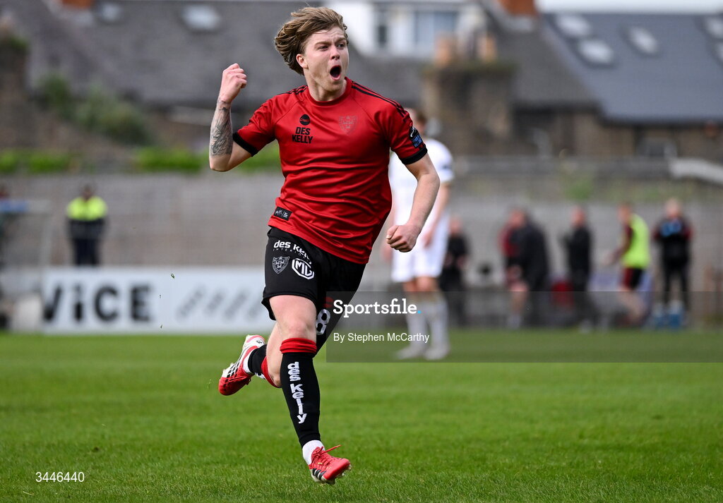 4 May 2026; Harry Vaughan of Bohemians celebrates after scoring his side's second goal during the SSE Airtricity Men's Premier Division match between Bohemians and Shelbourne at Dalymount Park in Dublin. Photo by Stephen McCarthy/Sportsfile