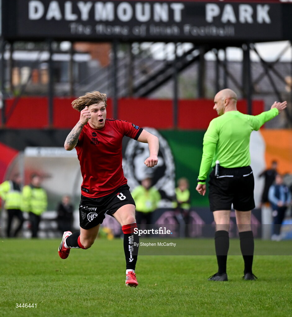 4 May 2026; Harry Vaughan of Bohemians celebrates after scoring his side's second goal during the SSE Airtricity Men's Premier Division match between Bohemians and Shelbourne at Dalymount Park in Dublin. Photo by Stephen McCarthy/Sportsfile