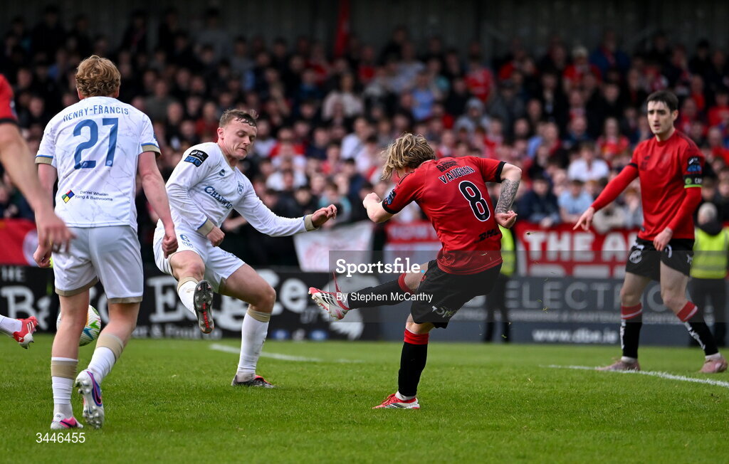 4 May 2026; Harry Vaughan of Bohemians shoots to score his side's second goal during the SSE Airtricity Men's Premier Division match between Bohemians and Shelbourne at Dalymount Park in Dublin. Photo by Stephen McCarthy/Sportsfile