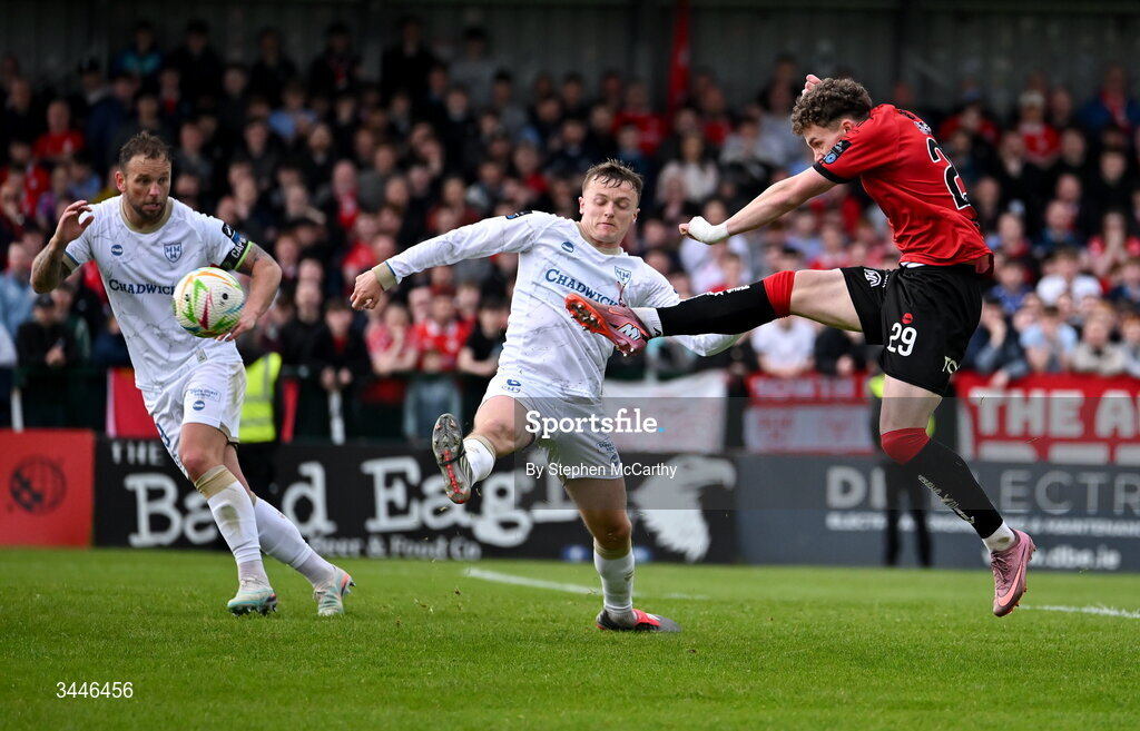 4 May 2026; Josh Harpur of Bohemians has a shot on goal during the SSE Airtricity Men's Premier Division match between Bohemians and Shelbourne at Dalymount Park in Dublin. Photo by Stephen McCarthy/Sportsfile