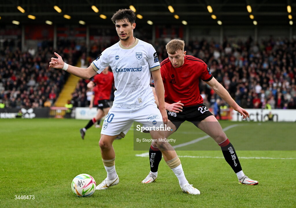 4 May 2026; Rodrigo Freitas of Shelbourne in action against Sam Todd of Bohemians during the SSE Airtricity Men's Premier Division match between Bohemians and Shelbourne at Dalymount Park in Dublin. Photo by Stephen McCarthy/Sportsfile