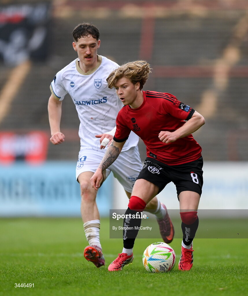 4 May 2026; Harry Vaughan of Bohemians in action against John Martin of Shelbourne during the SSE Airtricity Men's Premier Division match between Bohemians and Shelbourne at Dalymount Park in Dublin. Photo by Stephen McCarthy/Sportsfile